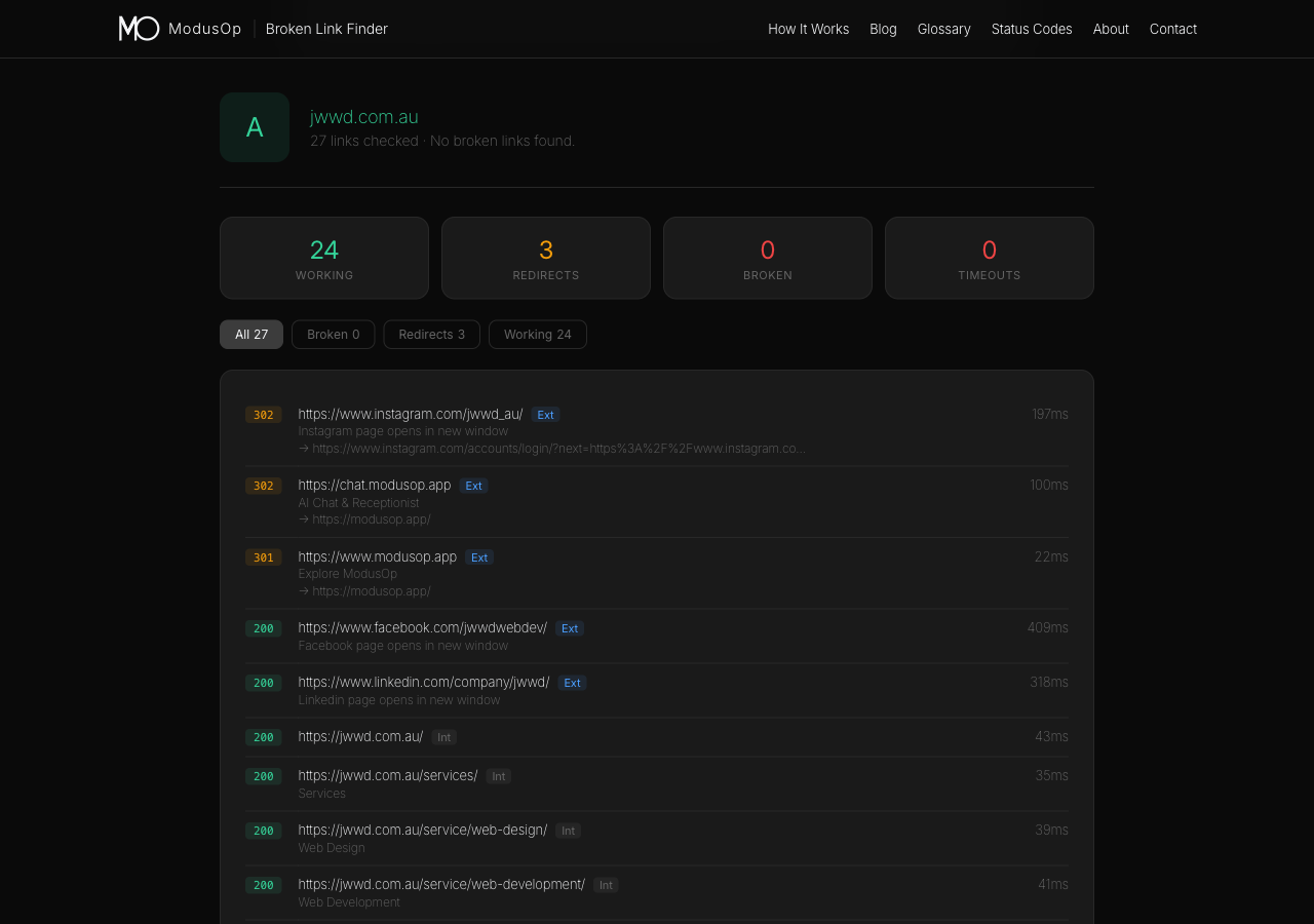 Broken Link Finder report for jwwd.com.au showing a grade of A with 27 links checked and no broken links found: 24 working, 3 redirects, 0 broken, 0 timeouts, with each link listed alongside its HTTP status code, anchor text and response time.